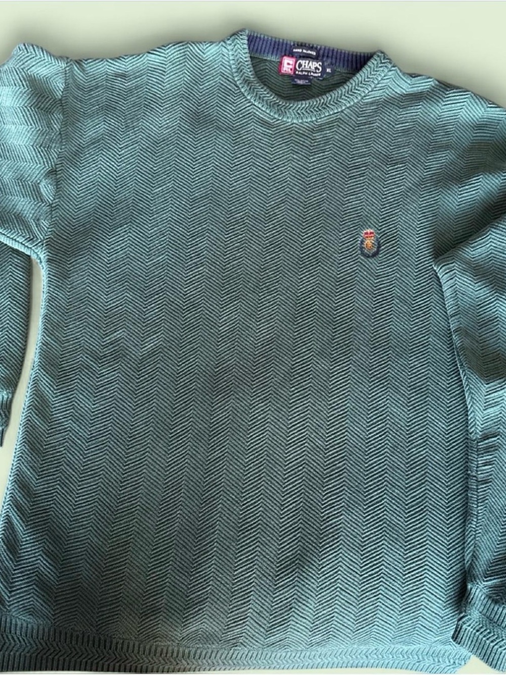 Vintage 90s CHAPS Ralph Lauren Sweater Mens XL Green Herringbone Hand Framed